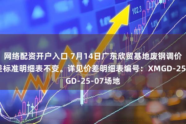 网络配资开户入口 7月14日广东欣贸基地废钢调价通知价差标准明细表不变。详见价差明细表编号：XMGD-25-07场地
